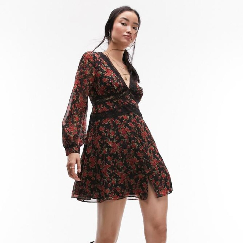 Topshop Red Floral Mini Dress Long Sleeve